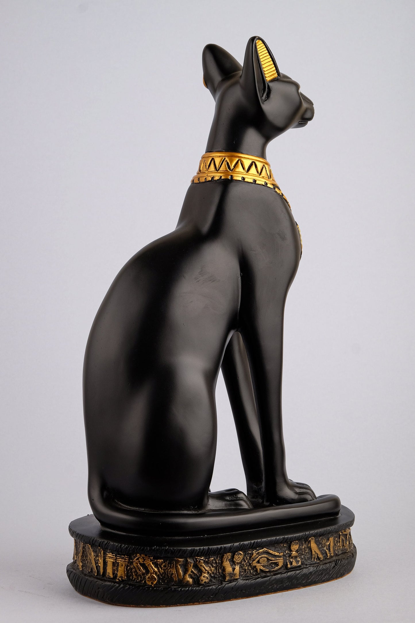 Unique Bastet cat large Statue black gold painted, scarab on chest, symbols hieroglyphic inscriptions around the base made in Egypt