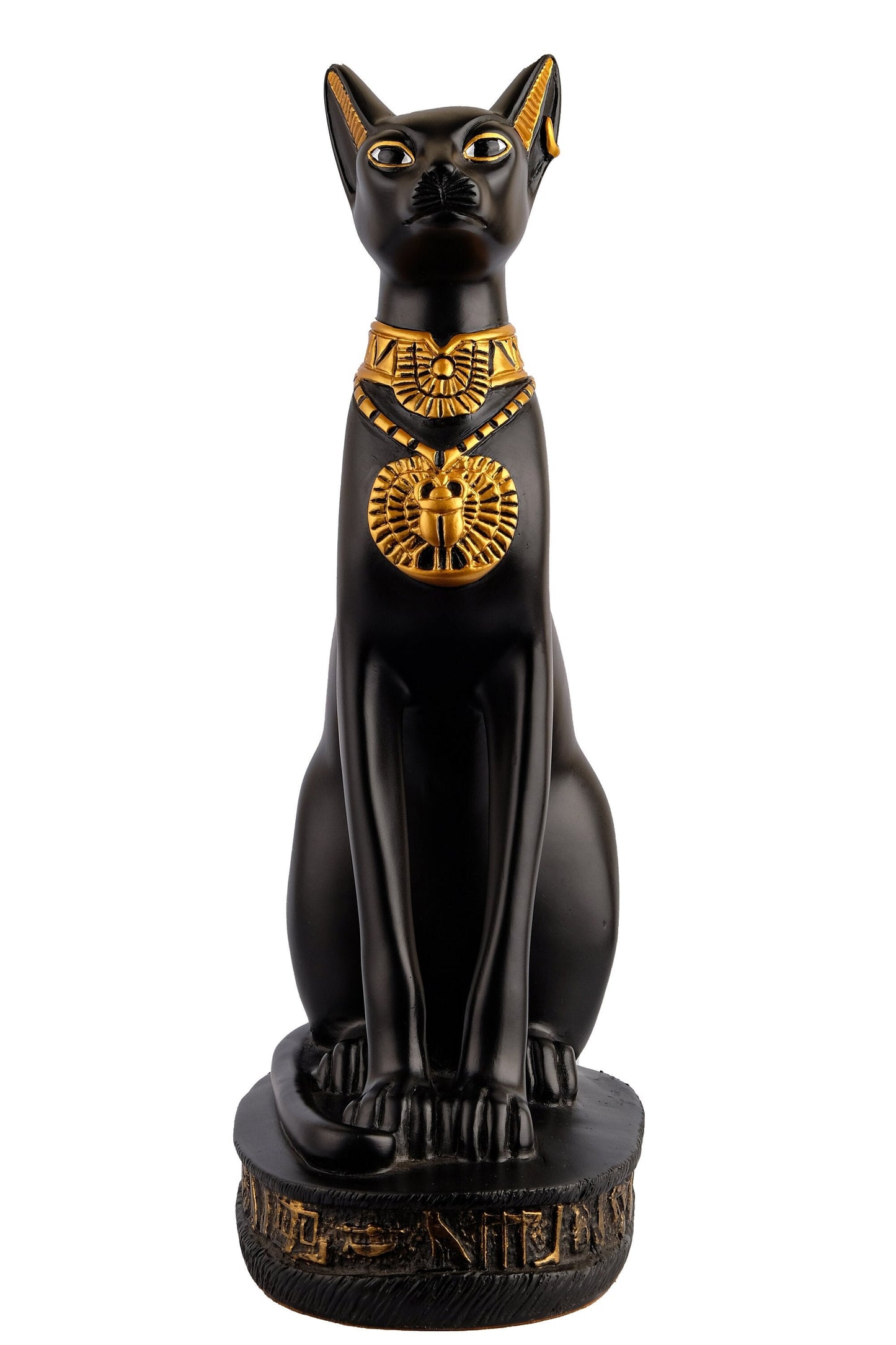 Unique Bastet cat large Statue black gold painted, scarab on chest, symbols hieroglyphic inscriptions around the base made in Egypt