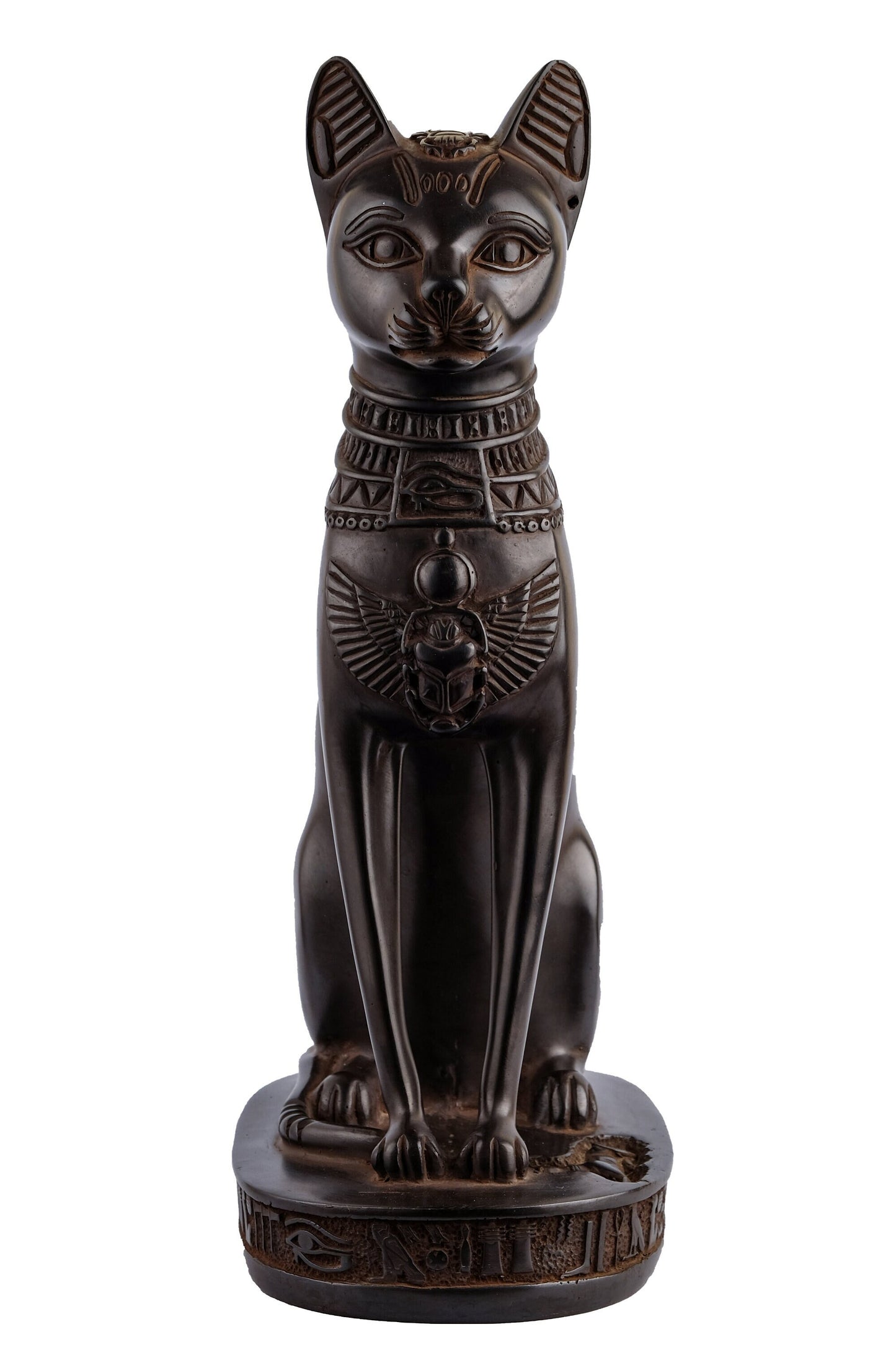 Unique Bastet cat large Statue black with beautiful details scarab on her head and winged on her chest with eye of Horus made in Egypt