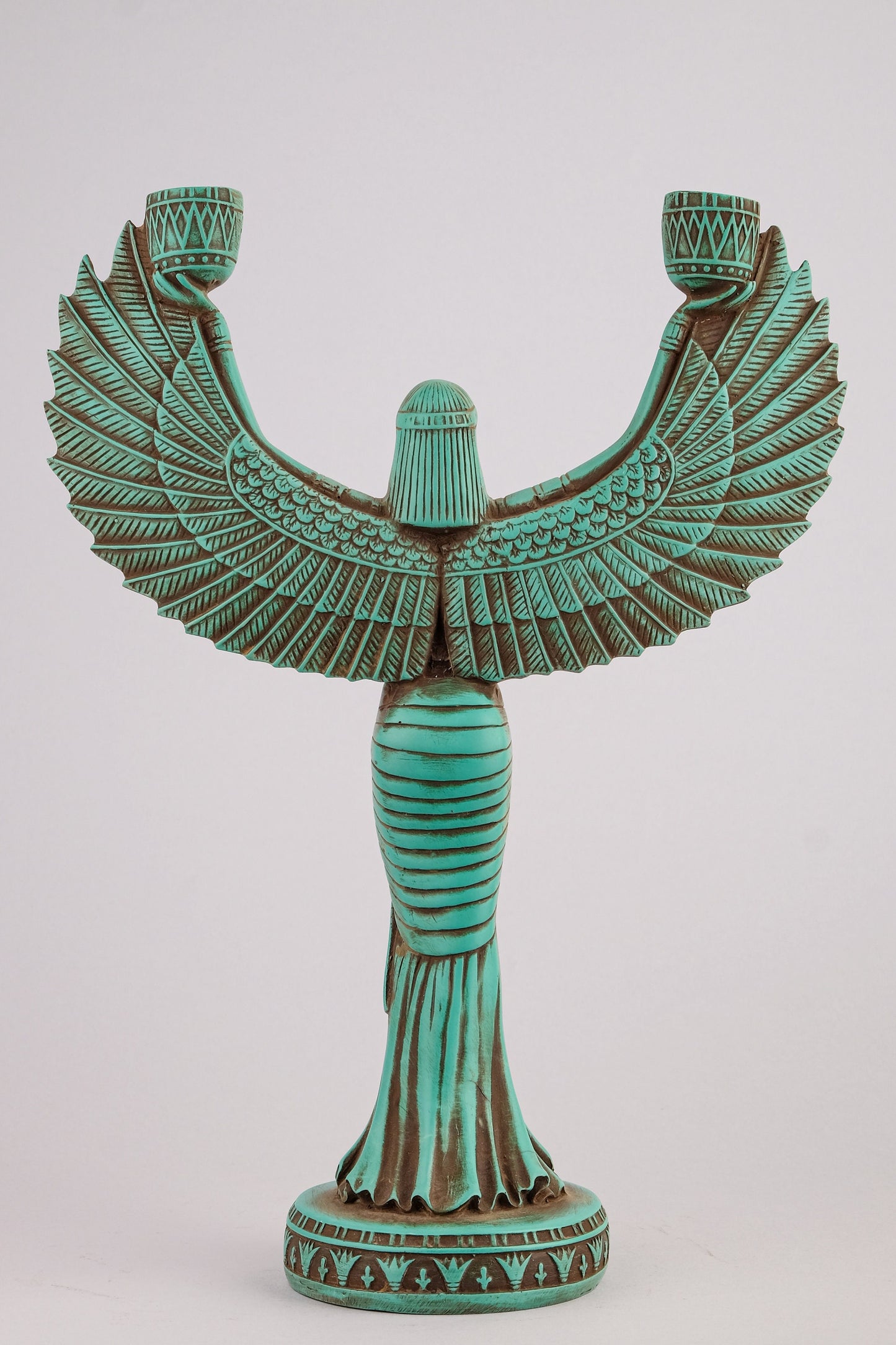 Statue goddess Isis Wings candlestick holder Large green stone ancient Egypt altar made in Egypt