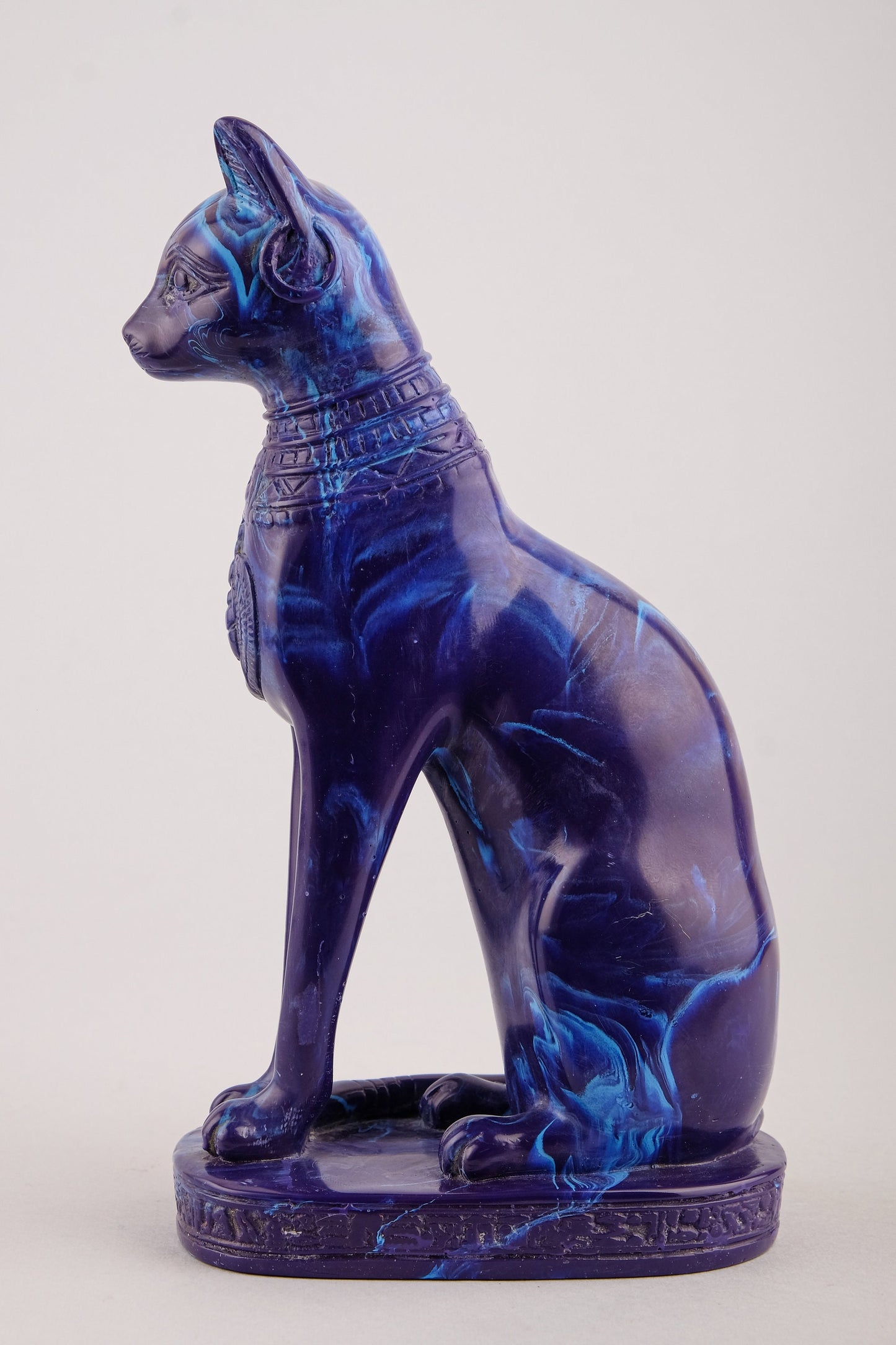Unique ancient Egyptian blue Bastet cat Statue with scarab on her chest, symbols hieroglyphic inscriptions around the base made in Egypt