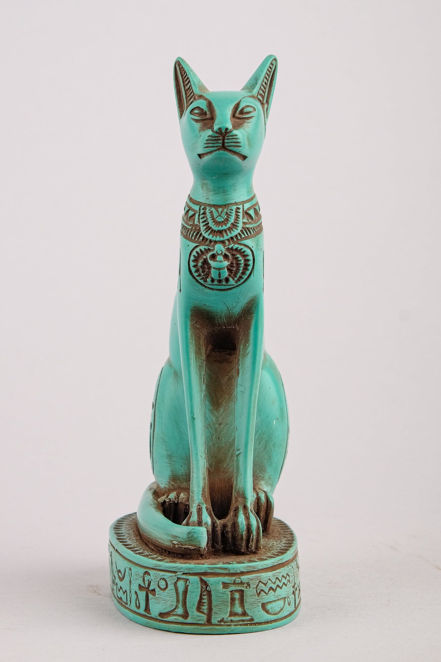 Unique Bastet cat Statue heavy green stone with scarab on her chest, symbols hieroglyphic inscriptions around the base made in Egypt