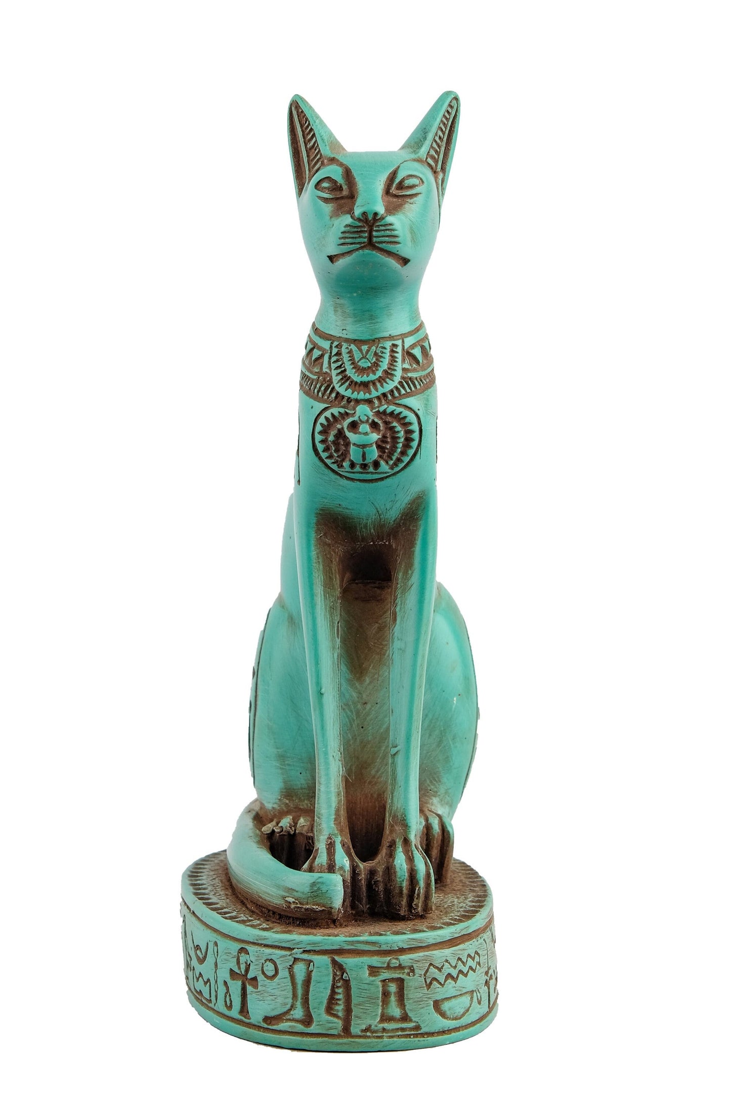 Unique Bastet cat Statue heavy green stone with scarab on her chest, symbols hieroglyphic inscriptions around the base made in Egypt