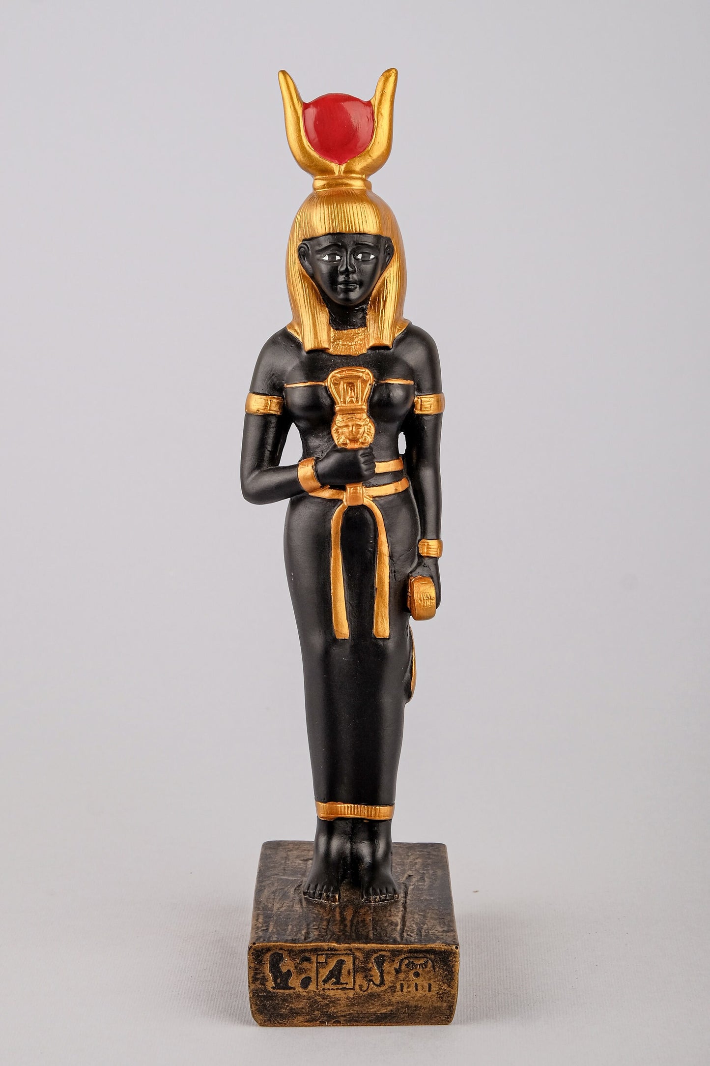 Ancient Egyptian statue of goddess Isis holding a Sistrum black stone painted gold unique ancient Egypt altar made in Egypt