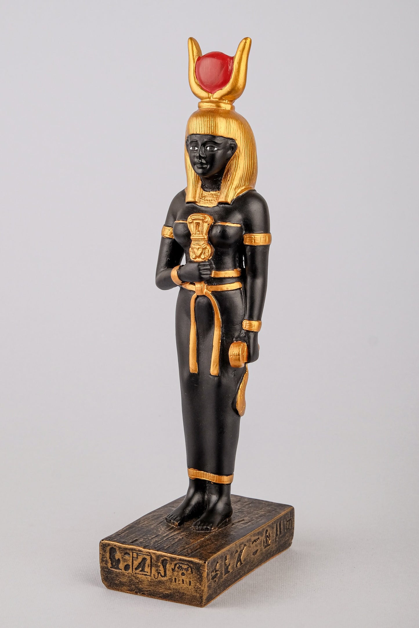Ancient Egyptian statue of goddess Isis holding a Sistrum black stone painted gold unique ancient Egypt altar made in Egypt