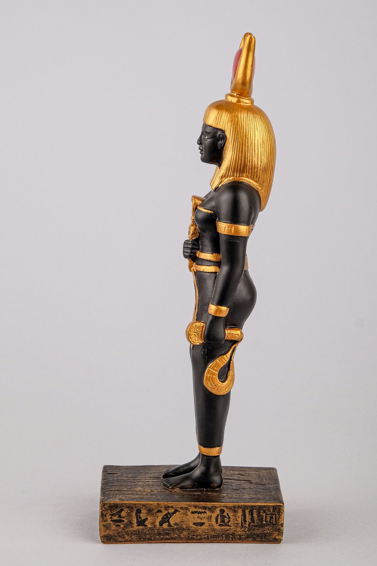 Ancient Egyptian statue of goddess Isis holding a Sistrum black stone painted gold unique ancient Egypt altar made in Egypt