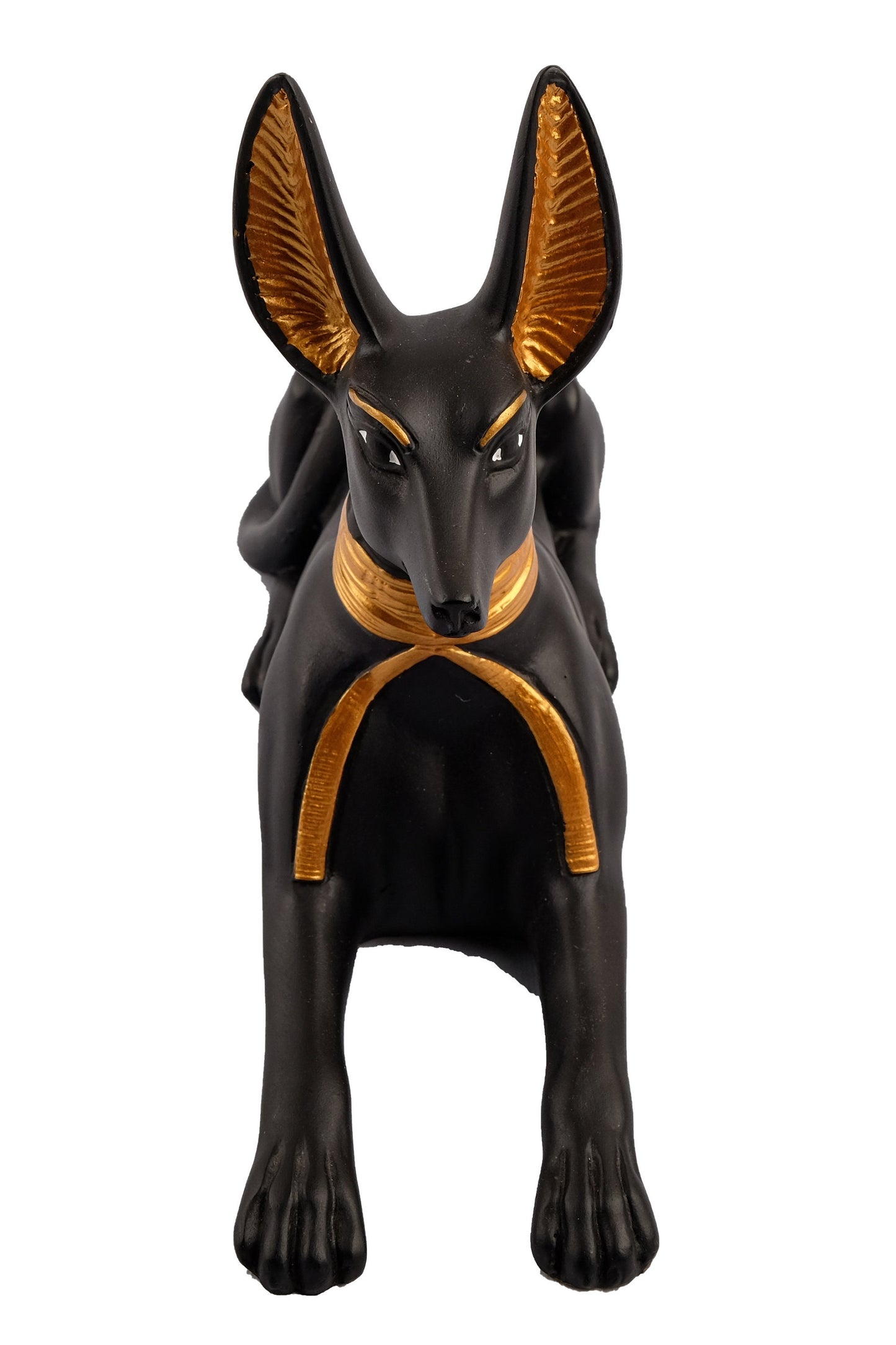 A unique ancient Egyptian statue of Anubis Jackal God of afterlife and mummification, stone black and gold painted made in Egypt