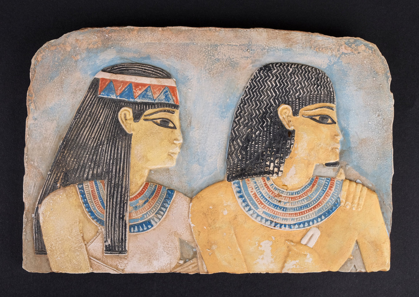 Ancient Egyptian wall Relief handmade from limestone with beautiful colors touching and the Amazing Lovers