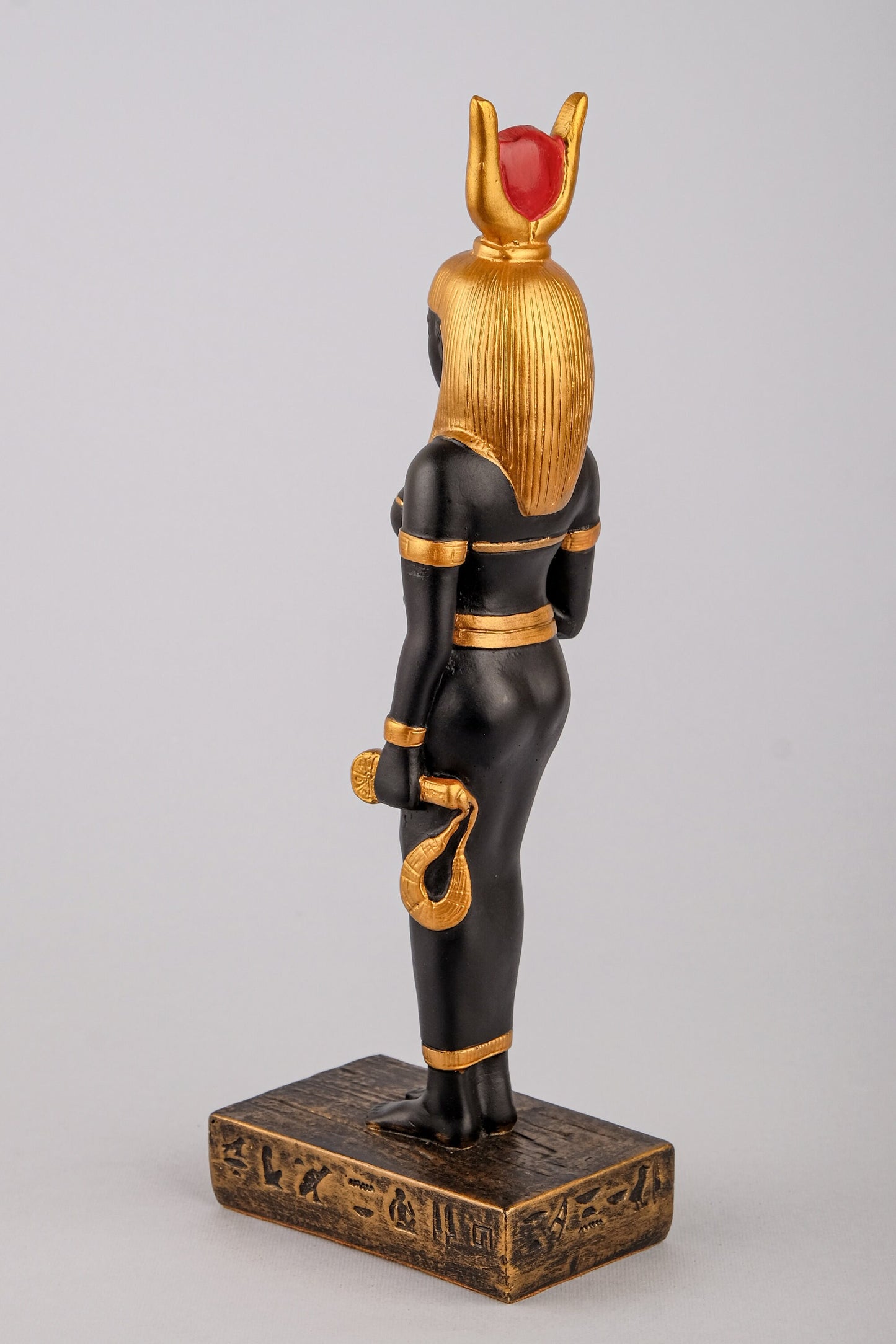 Ancient Egyptian statue of goddess Isis holding a Sistrum black stone painted gold unique ancient Egypt altar made in Egypt
