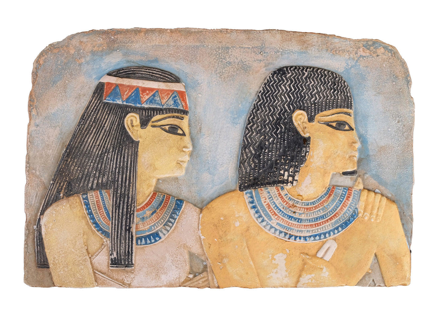 Ancient Egyptian wall Relief handmade from limestone with beautiful colors touching and the Amazing Lovers