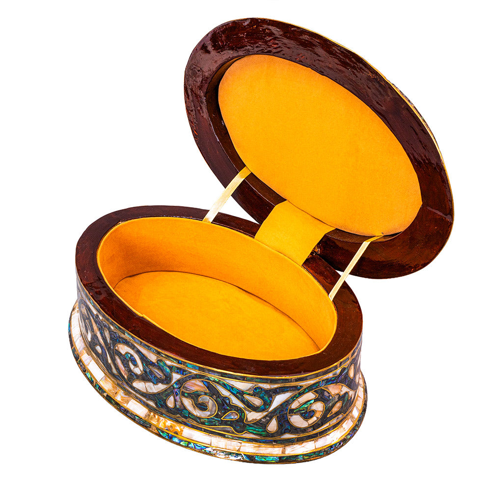 Egyptian jewelry box inlaid with mother of pearl and Brass