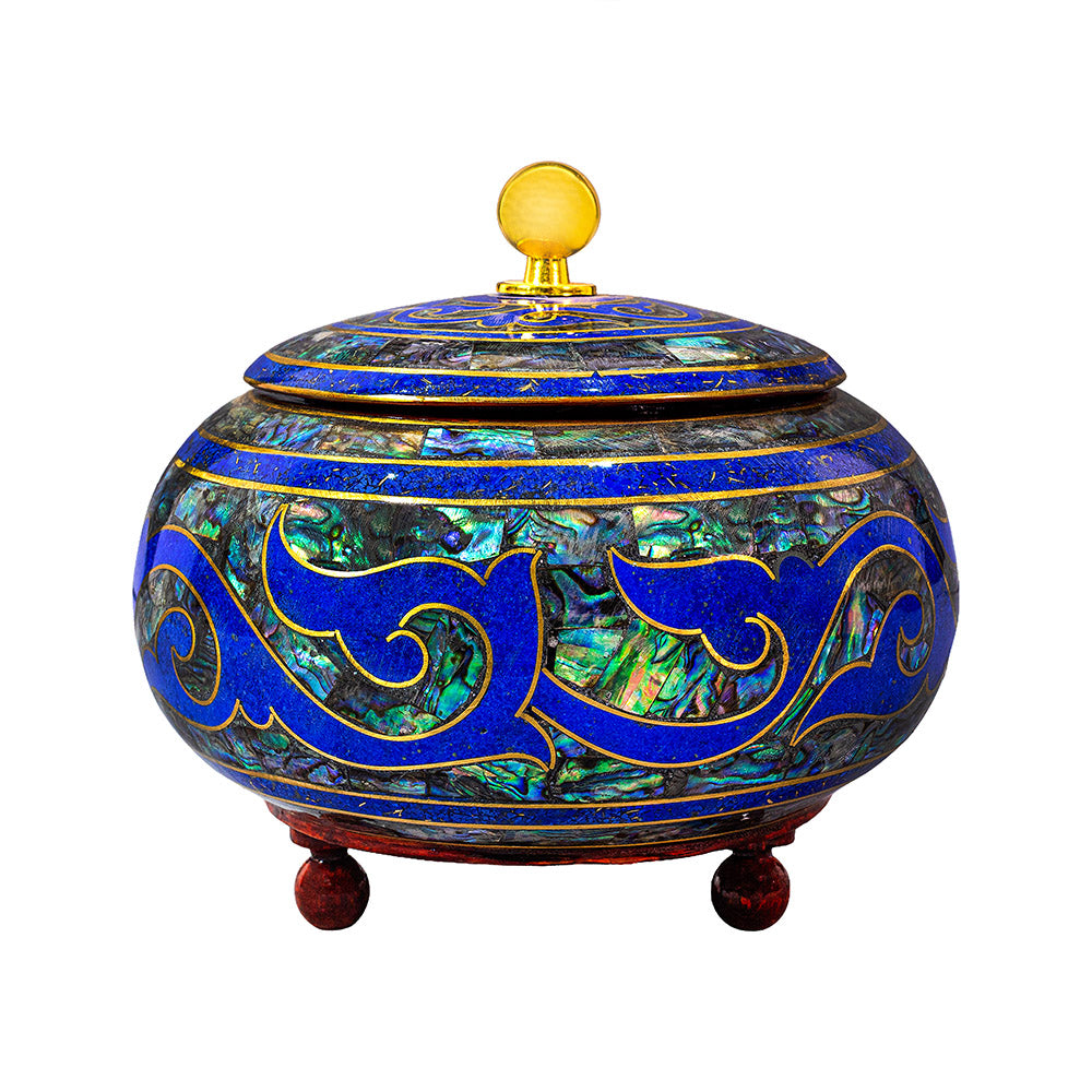 Egyptian jewelry box inlaid with jemstones lapis lazuli, blue mother of pearl  and brass made in egypt