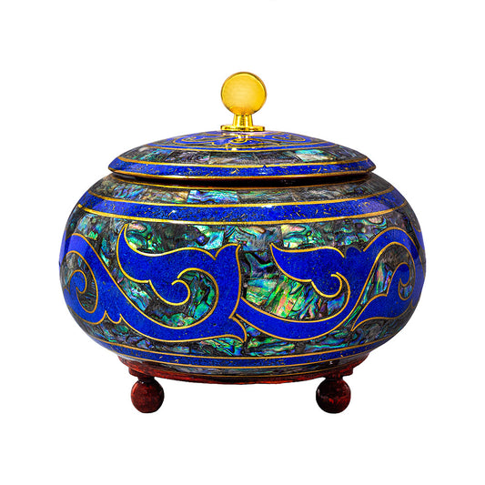 Egyptian jewelry box inlaid with jemstones lapis lazuli, blue mother of pearl  and brass made in egypt
