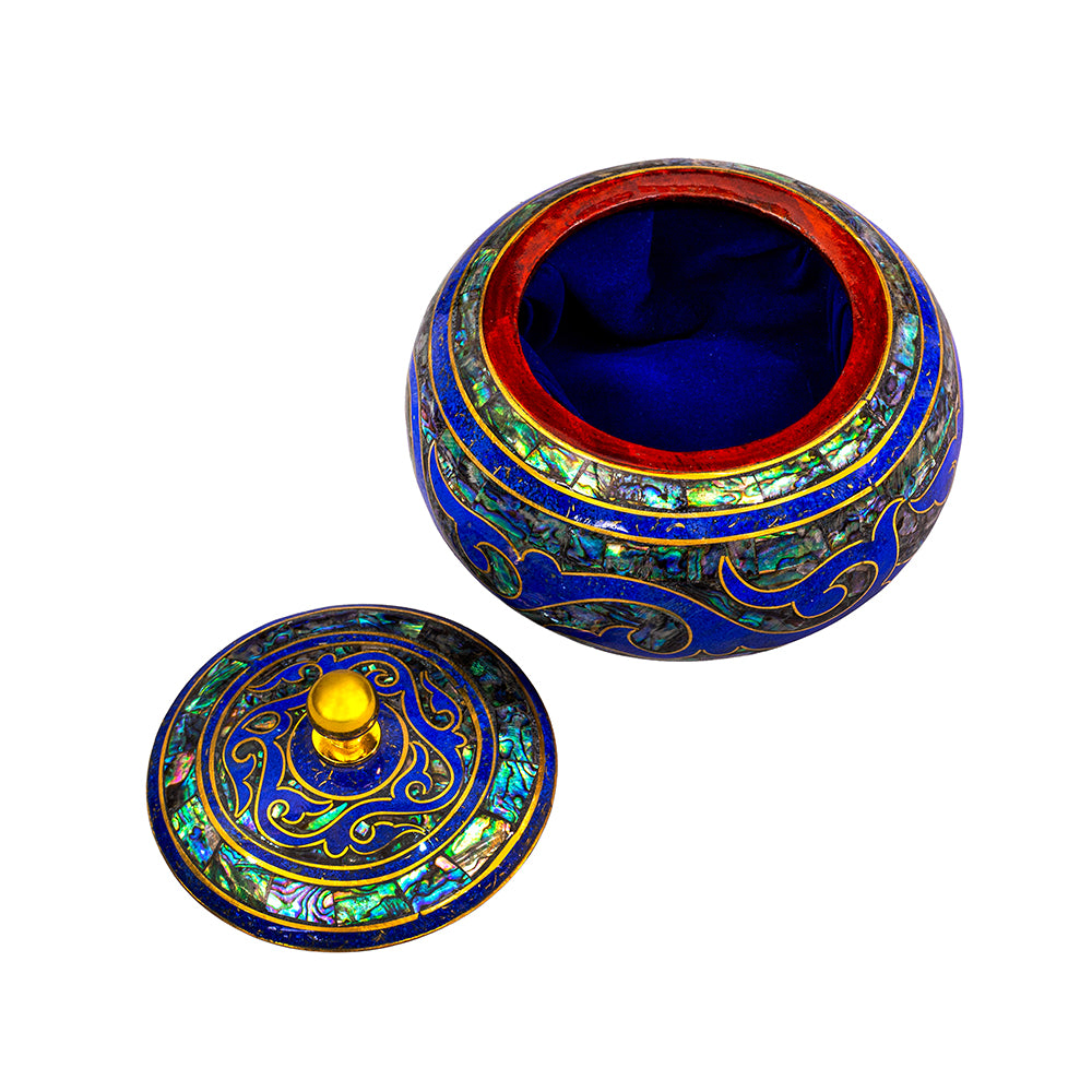 Egyptian jewelry box inlaid with jemstones lapis lazuli, blue mother of pearl  and brass made in egypt