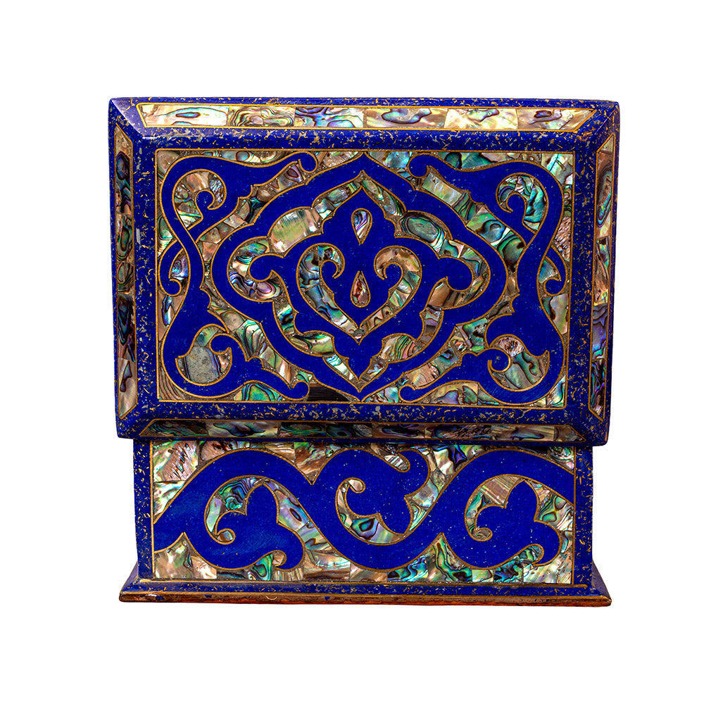 Egyptian jewelry box inlaid with jemstones lapis lazuli, blue mother of pearl  and brass made in egypt
