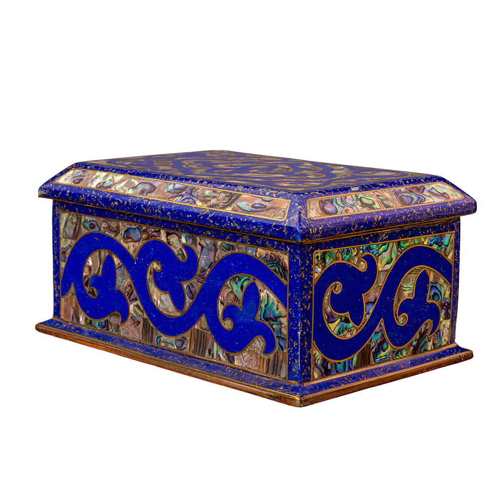 Egyptian jewelry box inlaid with jemstones lapis lazuli, blue mother of pearl  and brass made in egypt
