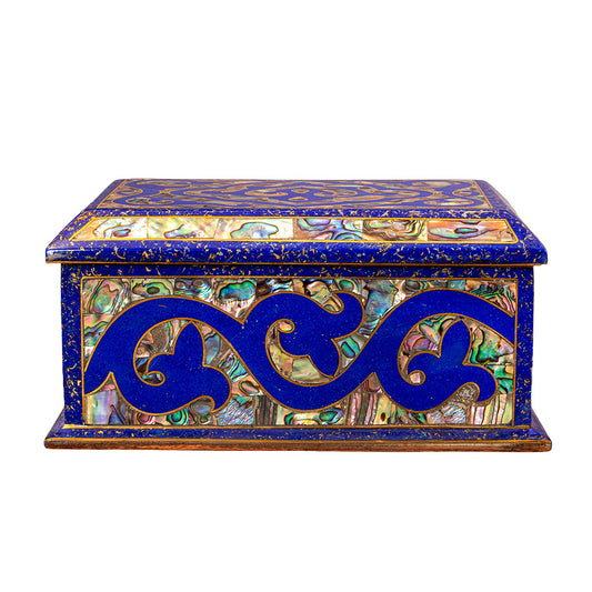 Egyptian jewelry box inlaid with jemstones lapis lazuli, blue mother of pearl  and brass made in egypt