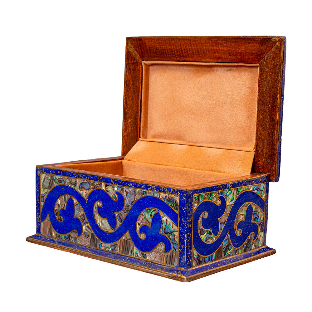 Egyptian jewelry box inlaid with jemstones lapis lazuli, blue mother of pearl  and brass made in egypt