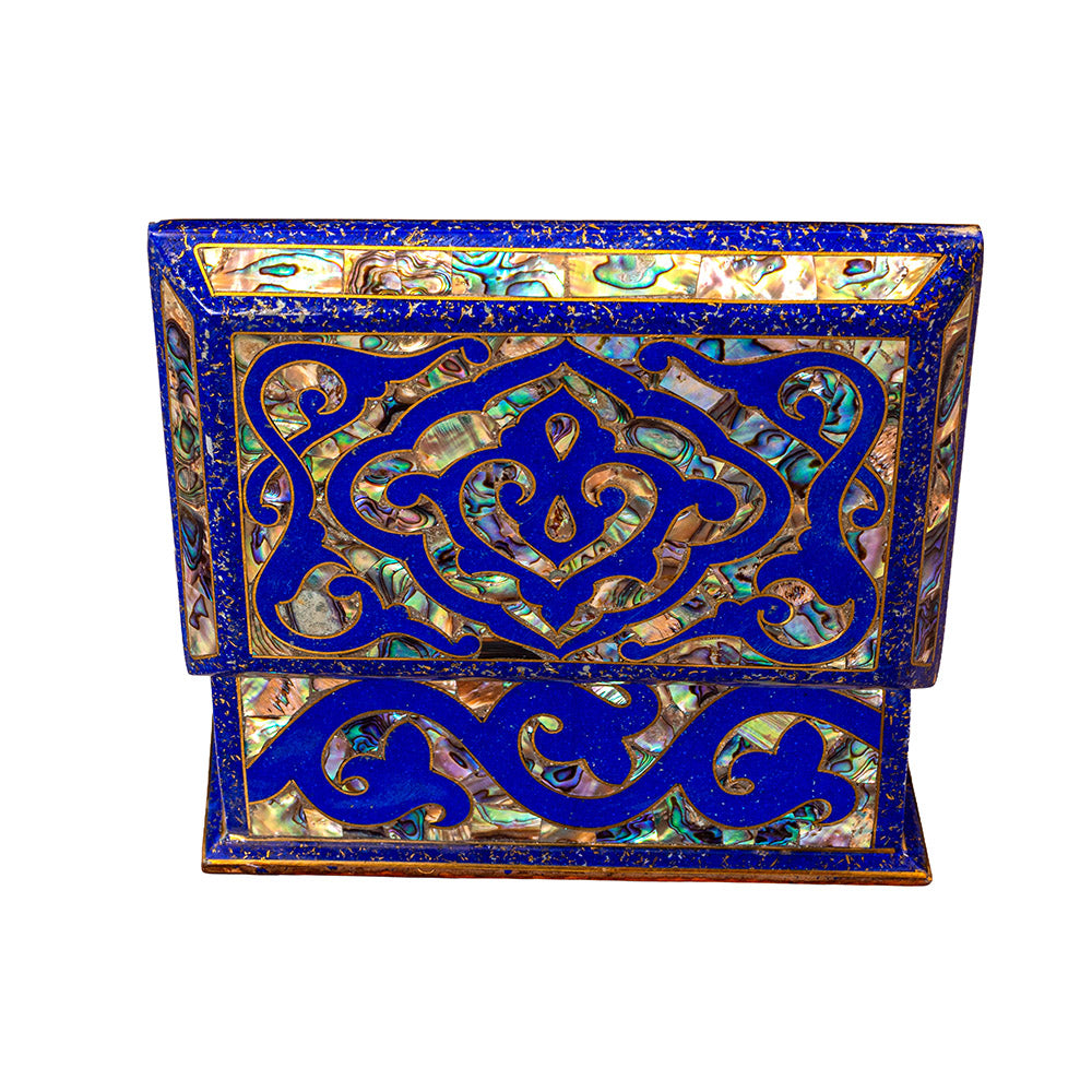 Egyptian jewelry box inlaid with jemstones lapis lazuli, blue mother of pearl  and brass made in egypt