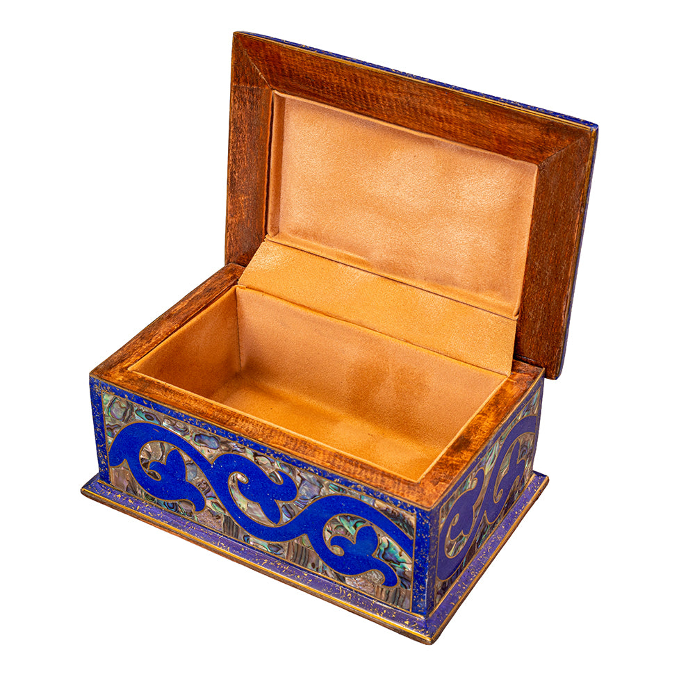Egyptian jewelry box inlaid with jemstones lapis lazuli, blue mother of pearl  and brass made in egypt