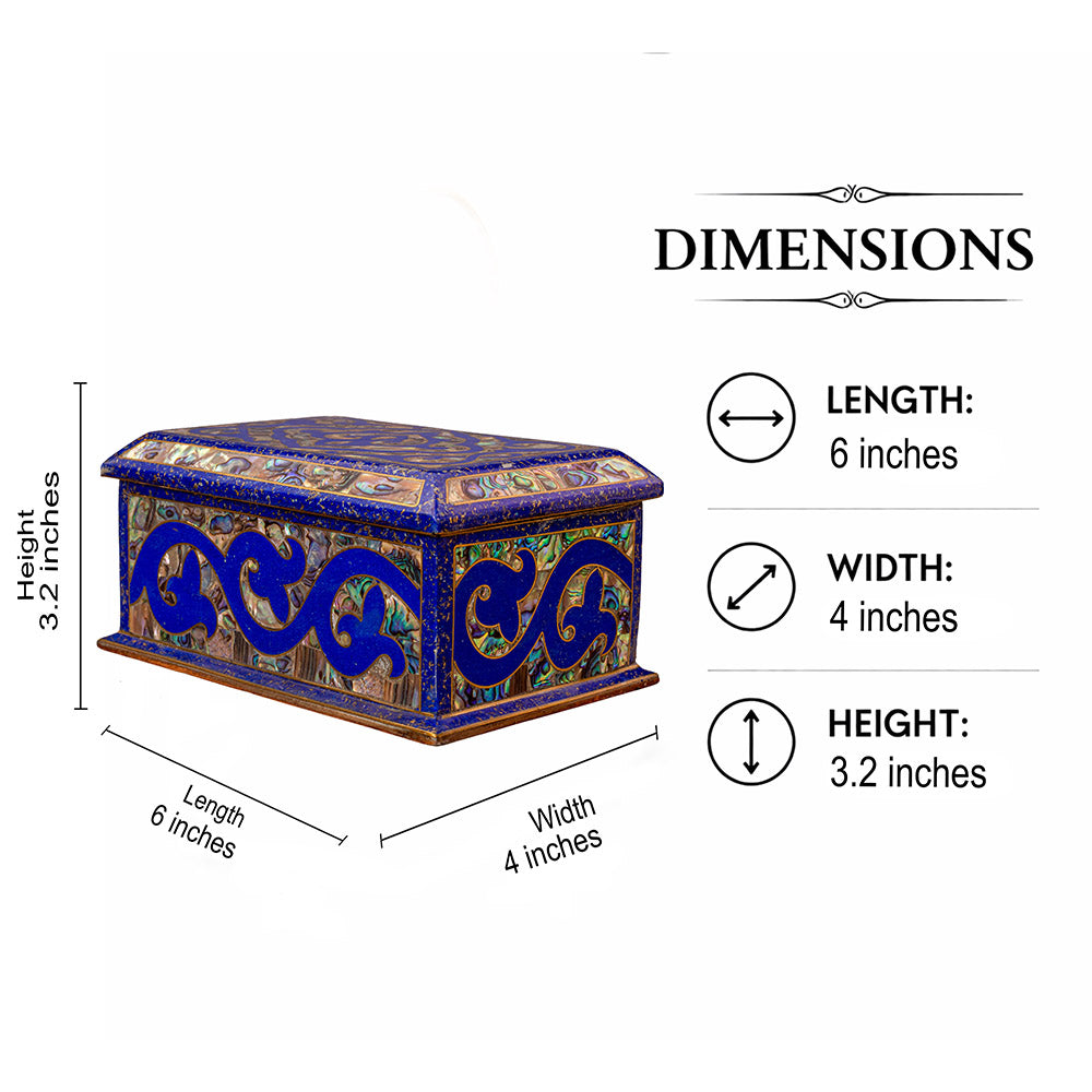 Egyptian jewelry box inlaid with jemstones lapis lazuli, blue mother of pearl  and brass made in egypt