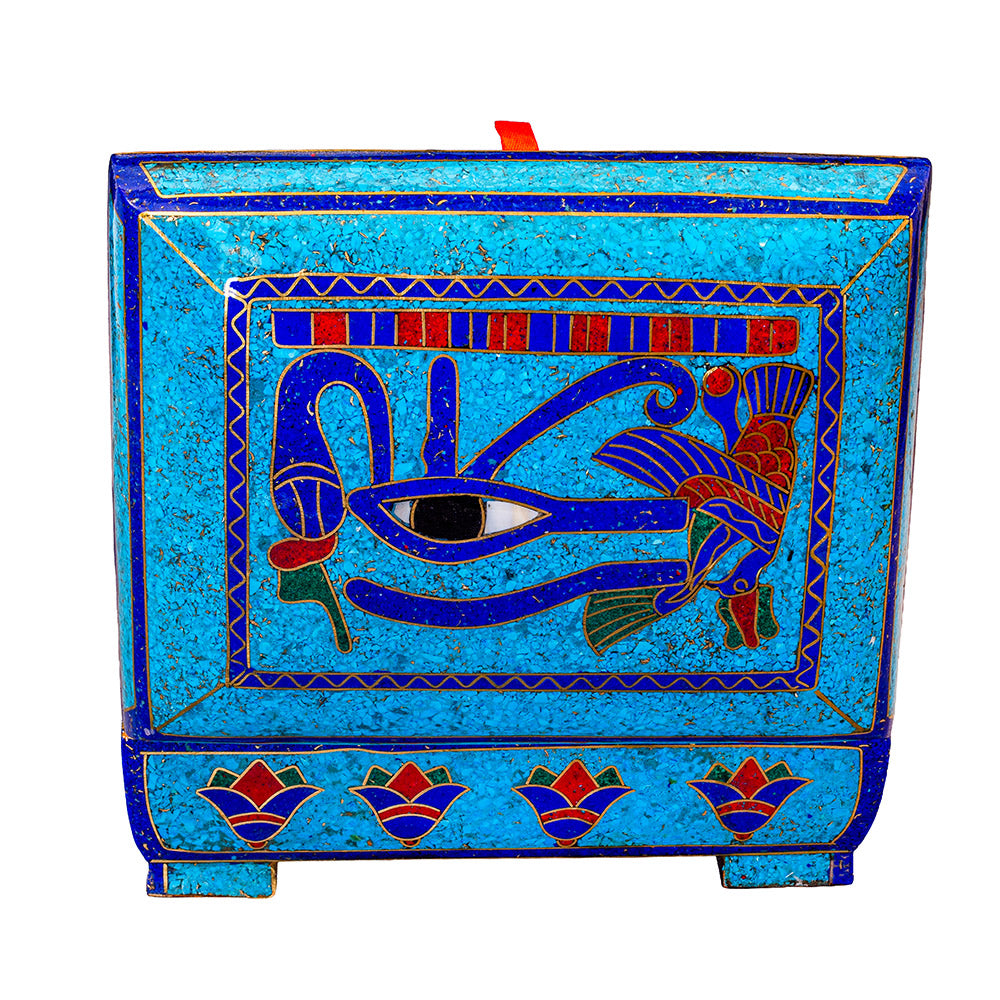 Egyptian pharonic jewelry box inlaid with jemstones lapis lazuli,turquoise,coral,Malachite,blue mother of pearl and brass made in egypt