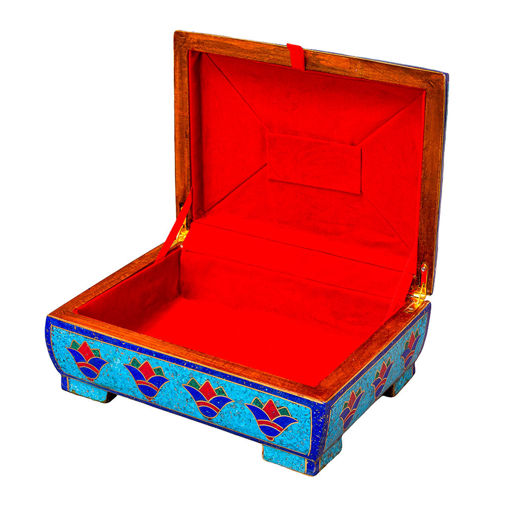 Egyptian pharonic jewelry box inlaid with jemstones lapis lazuli,turquoise,coral,Malachite,blue mother of pearl and brass made in egypt