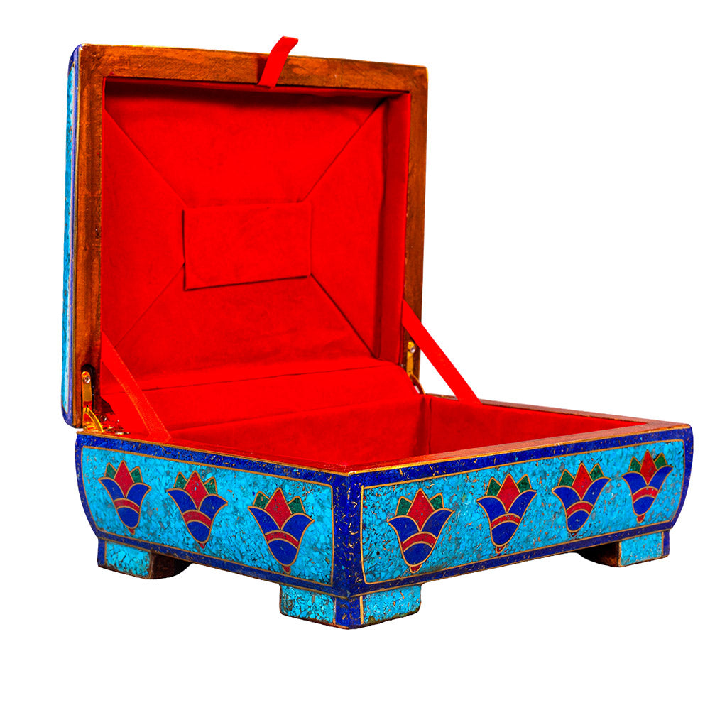 Egyptian pharonic jewelry box inlaid with jemstones lapis lazuli,turquoise,coral,Malachite,blue mother of pearl and brass made in egypt
