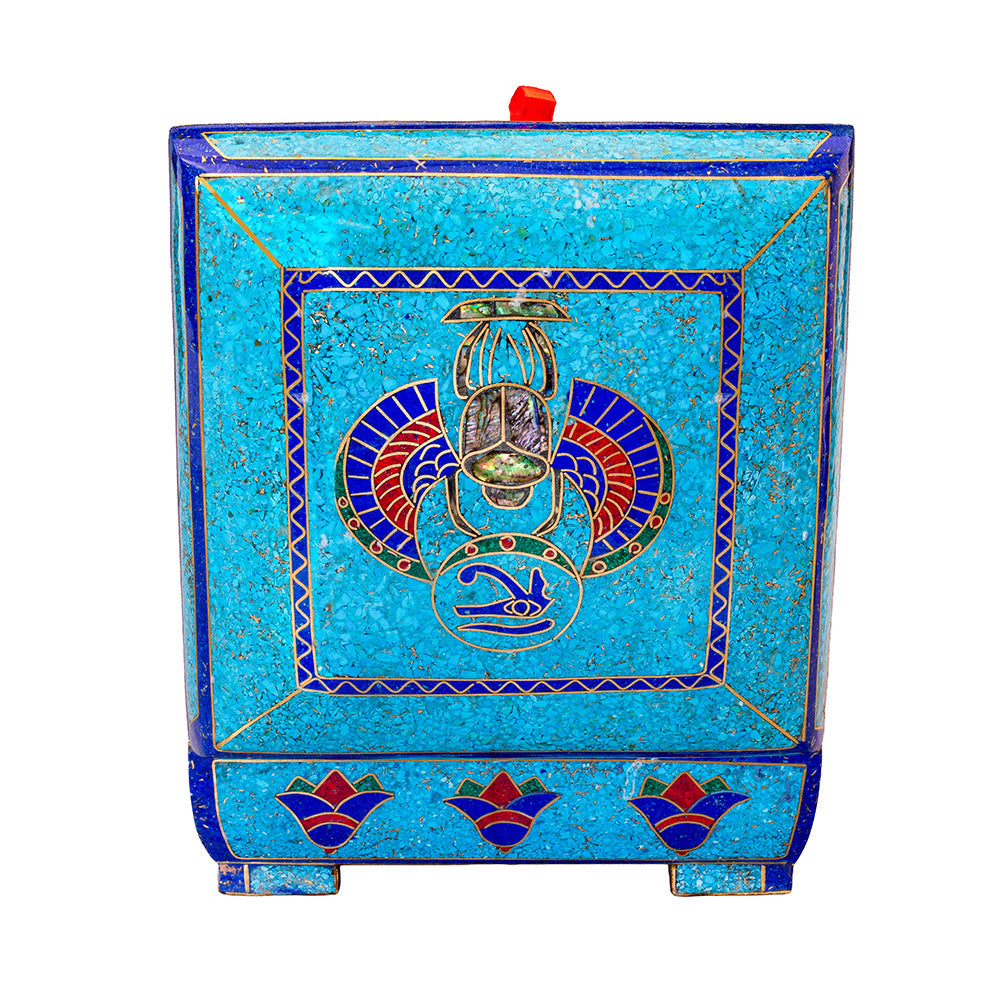 Egyptian pharonic jewelry box inlaid with jemstones lapis lazuli,turquoise,coral,Malachite,blue mother of pearl and brass made in egypt