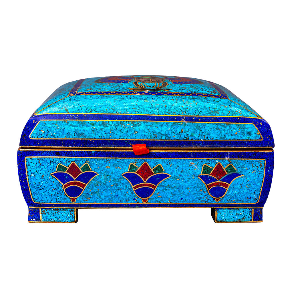 Egyptian pharonic jewelry box inlaid with jemstones lapis lazuli,turquoise,coral,Malachite,blue mother of pearl and brass made in egypt