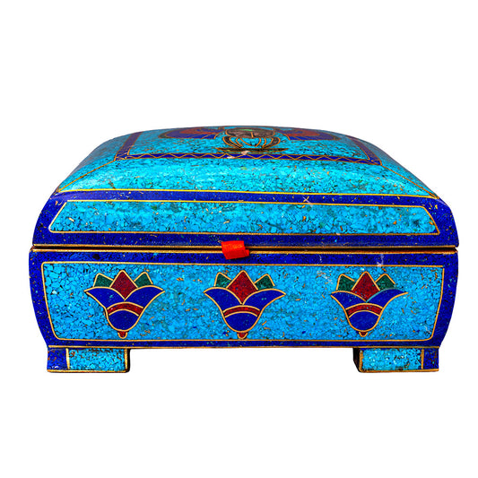Egyptian pharonic jewelry box inlaid with jemstones lapis lazuli,turquoise,coral,Malachite,blue mother of pearl and brass made in egypt