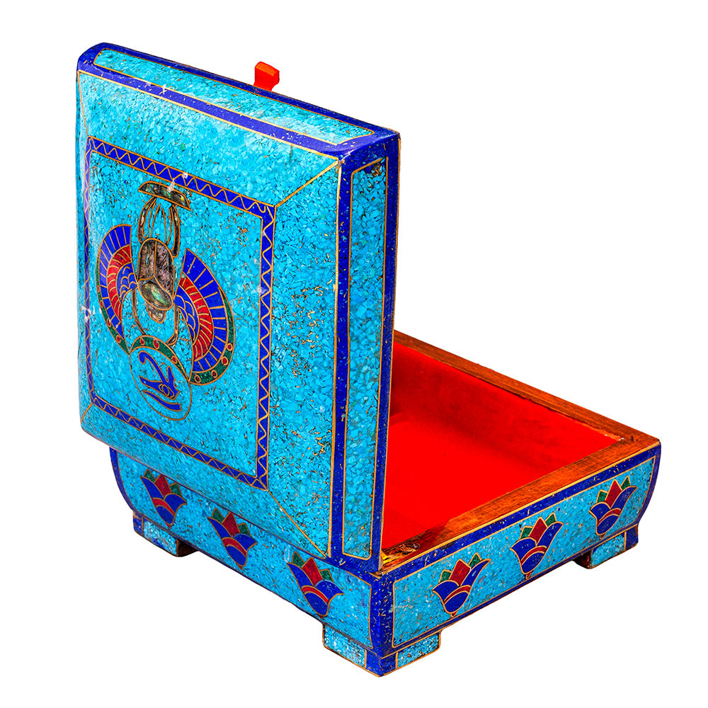 Egyptian pharonic jewelry box inlaid with jemstones lapis lazuli,turquoise,coral,Malachite,blue mother of pearl and brass made in egypt