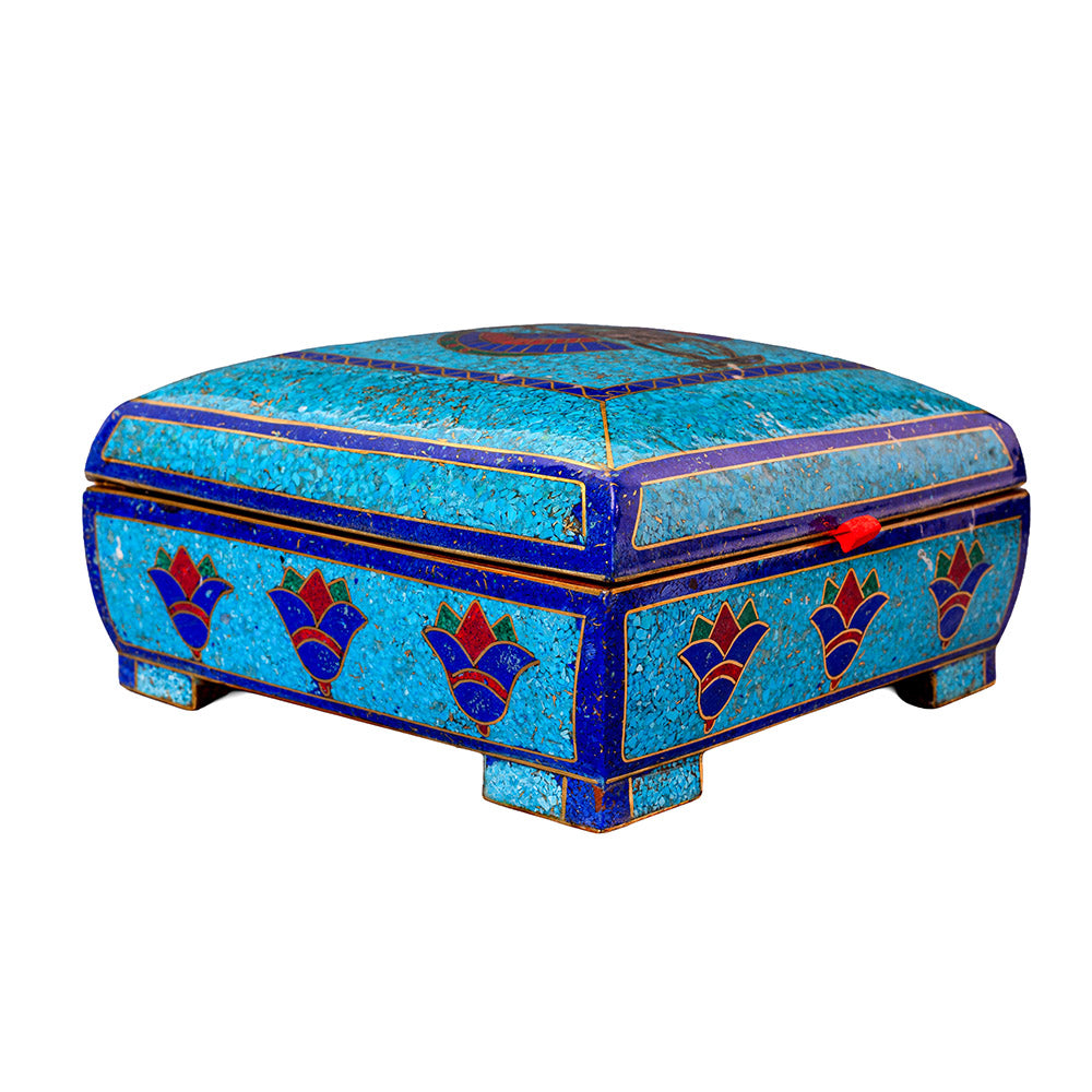 Egyptian pharonic jewelry box inlaid with jemstones lapis lazuli,turquoise,coral,Malachite,blue mother of pearl and brass made in egypt