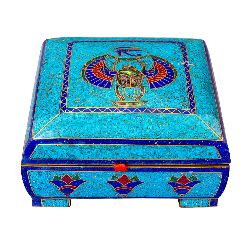 Egyptian pharonic jewelry box inlaid with jemstones lapis lazuli,turquoise,coral,Malachite,blue mother of pearl and brass made in egypt