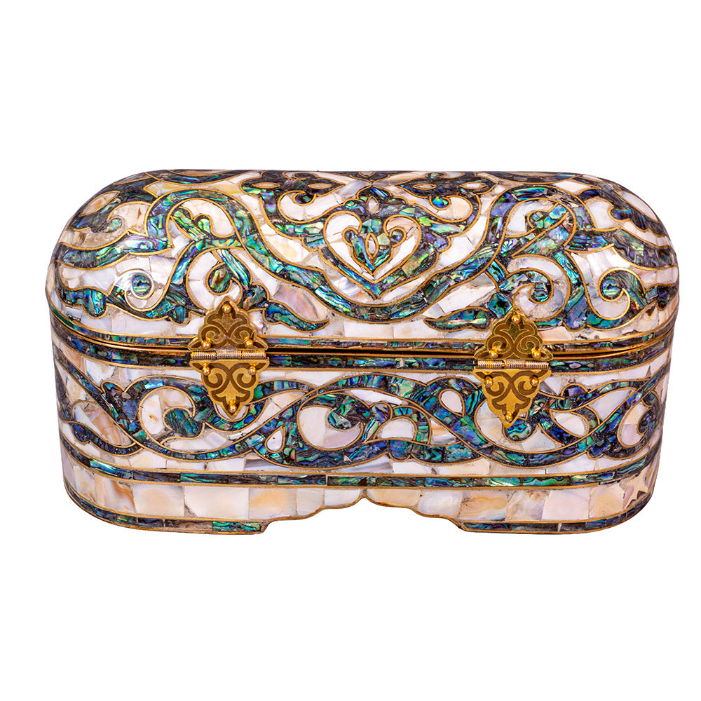 Egyptian jewelry box inlaid with mother of pearl and Brass
