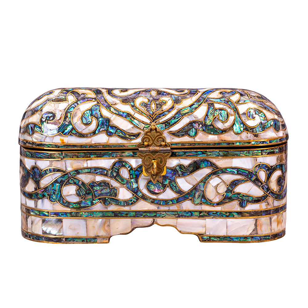 Egyptian jewelry box inlaid with mother of pearl and Brass
