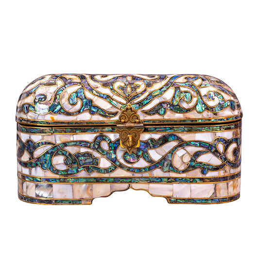 Egyptian jewelry box inlaid with mother of pearl and Brass