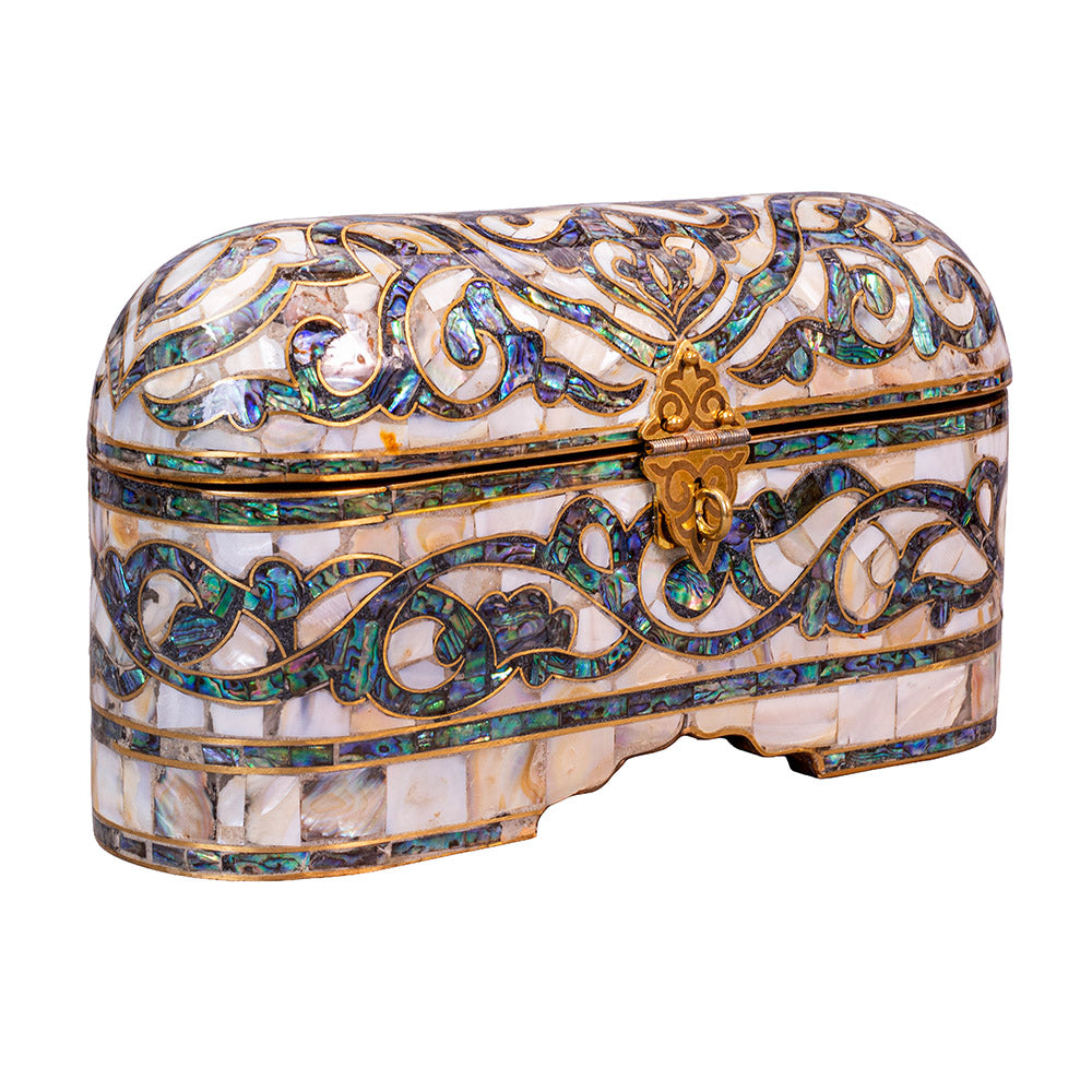 Egyptian jewelry box inlaid with mother of pearl and Brass