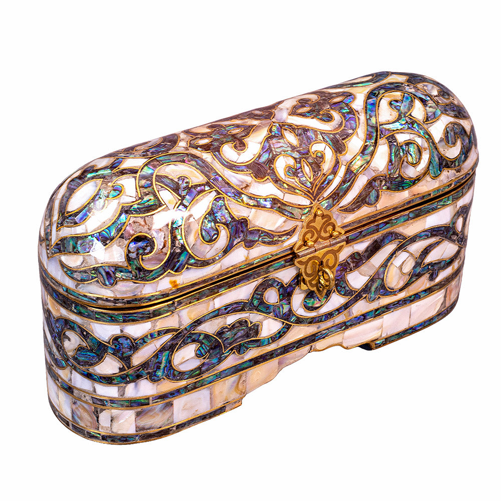 Egyptian jewelry box inlaid with mother of pearl and Brass