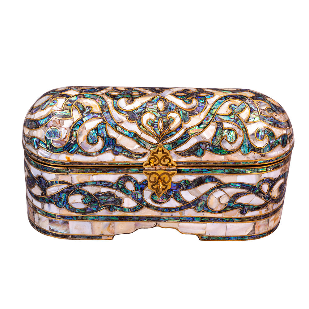 Egyptian jewelry box inlaid with mother of pearl and Brass