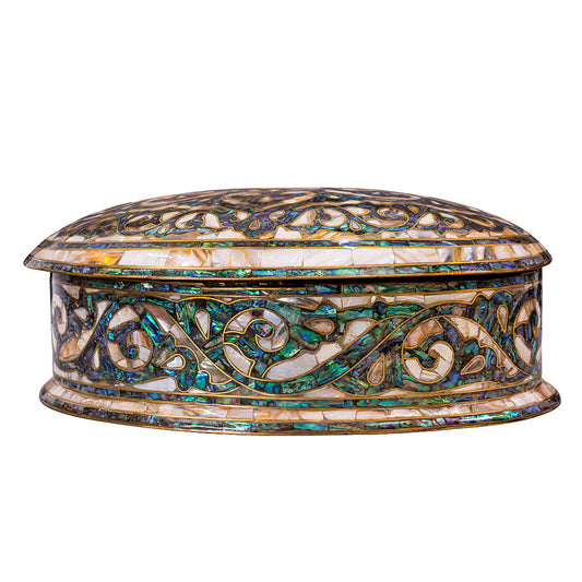 Egyptian jewelry box inlaid with mother of pearl and Brass