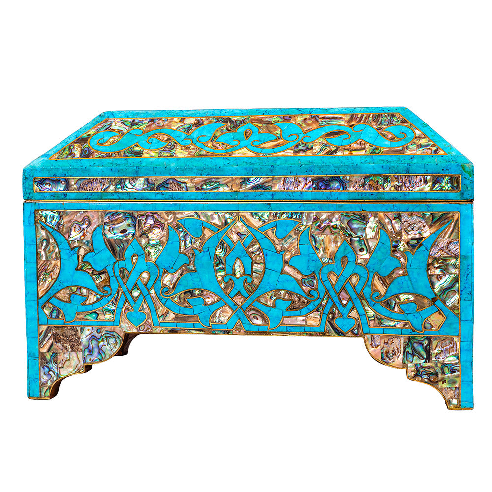 Egyptian jewelry box inlaid with jemstones  turquoise,blue mother of pearl  and brass made in egypt