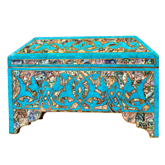 Egyptian jewelry box inlaid with jemstones  turquoise,blue mother of pearl  and brass made in egypt