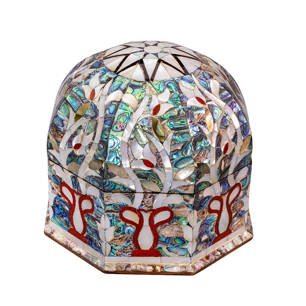 Egyptian jewelry box inlaid with mother of pearl and Brass