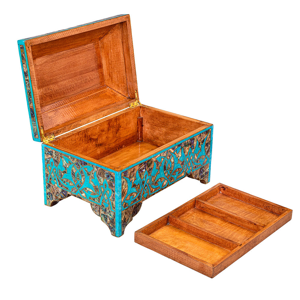 Egyptian jewelry box inlaid with jemstones  turquoise,blue mother of pearl  and brass made in egypt