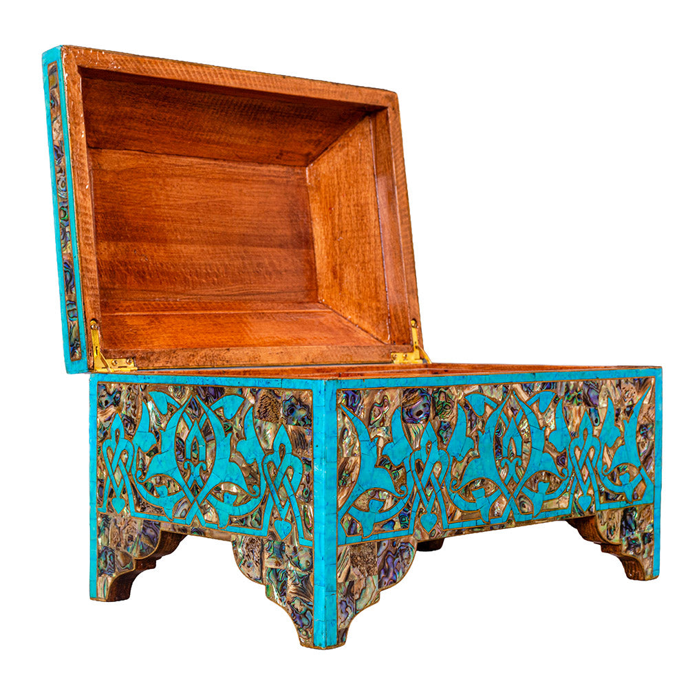 Egyptian jewelry box inlaid with jemstones  turquoise,blue mother of pearl  and brass made in egypt