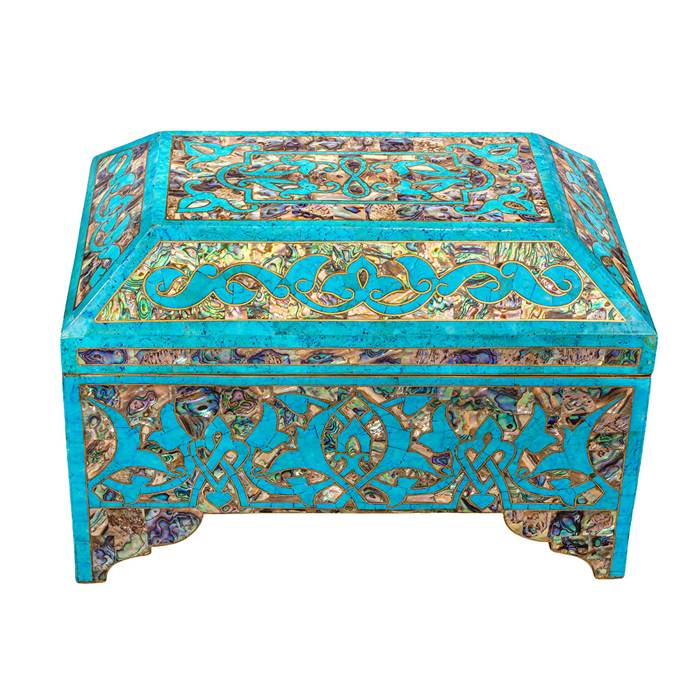Egyptian jewelry box inlaid with jemstones  turquoise,blue mother of pearl  and brass made in egypt