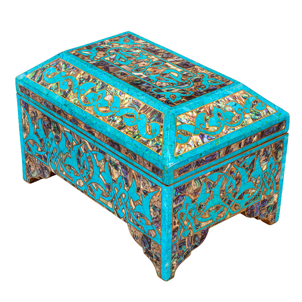 Egyptian jewelry box inlaid with jemstones  turquoise,blue mother of pearl  and brass made in egypt