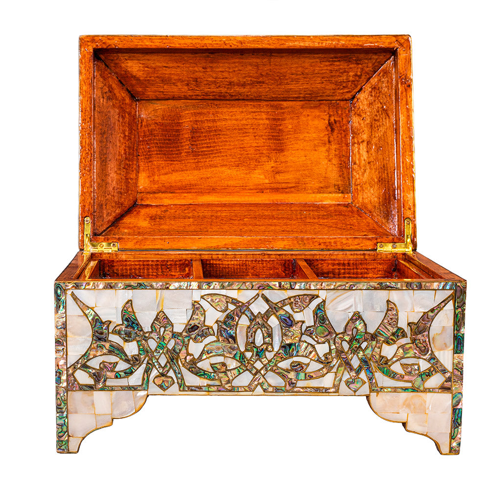 Egyptian jewelry box inlaid with mother of pearl and Brass