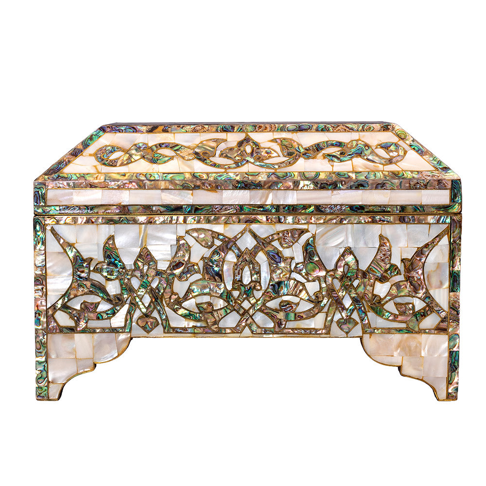 Egyptian jewelry box inlaid with mother of pearl and Brass